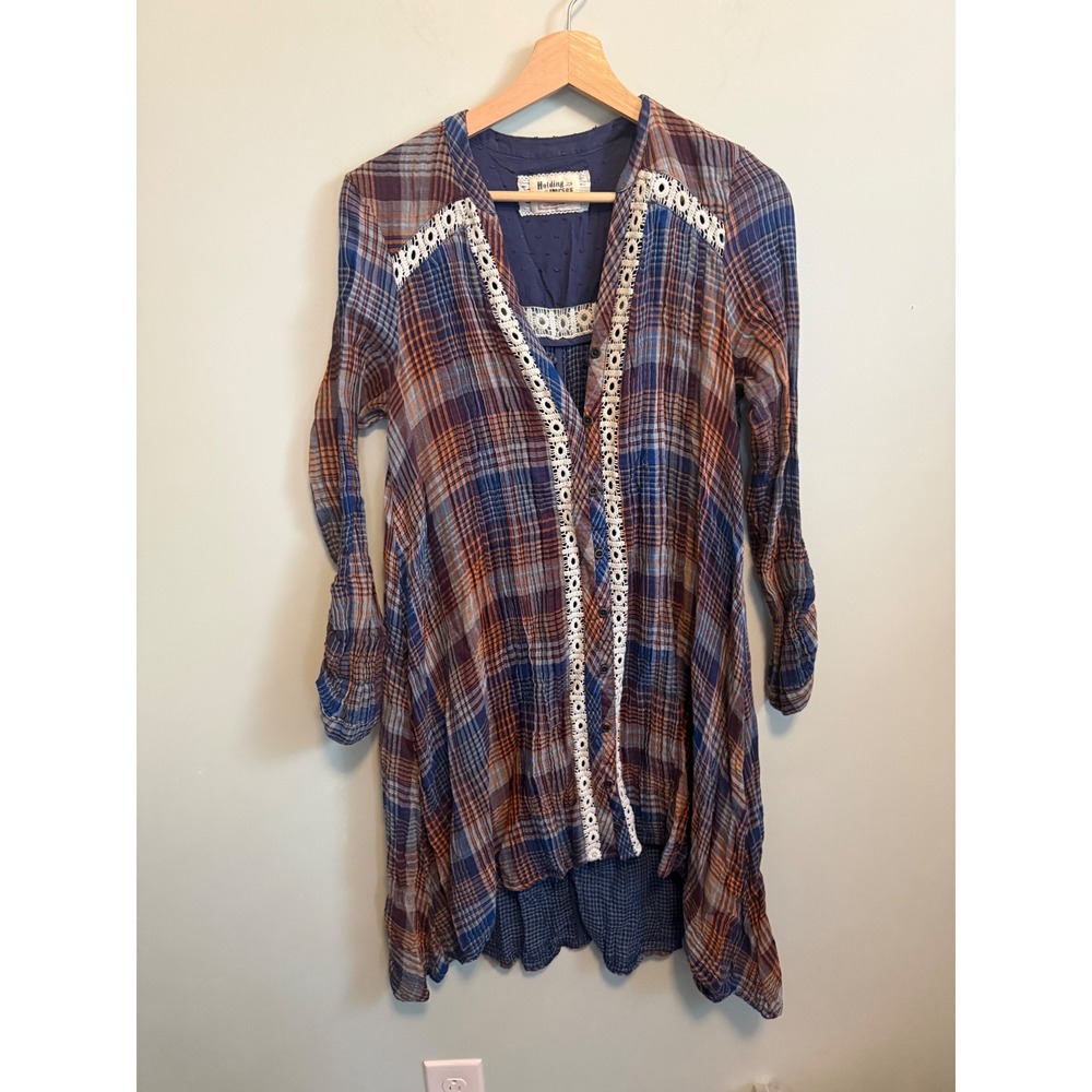 Holding Horses Anthropologie Plaid Lace Trim Tunic Top Blue Orange Small
